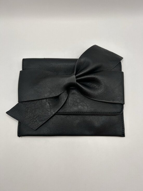 Anthropologie Handbags - Anthropologie Clutch Purse Black Faux Leather Bow Envelope Small Chic Elegant